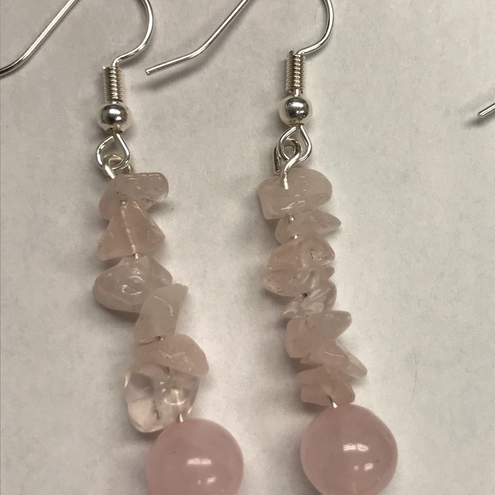 rose Quartz dangle earrings 2” natural stacked stone chip earrings
